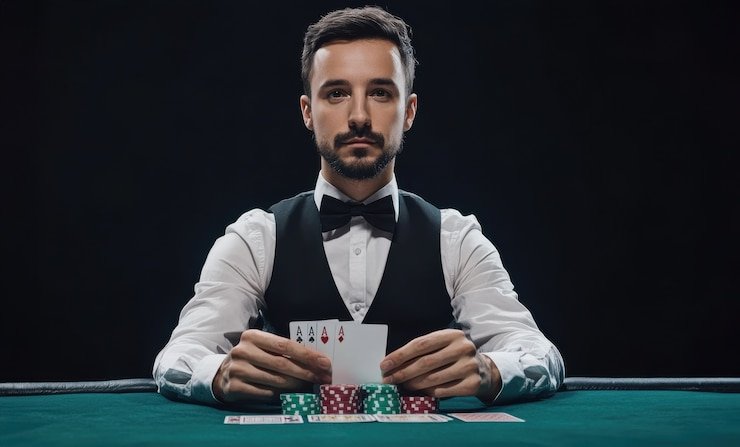 Live blackjack dealer studio at dewasport88.com with multi-camera feed and player interface